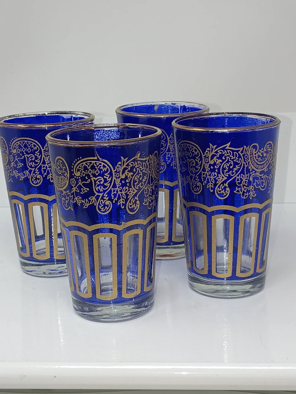 Set of 4 Cobalt Blue Gold-Trimmed Decorative Glasses